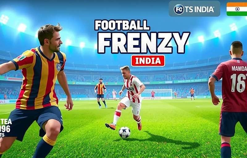 Football Frenzy India gameplay showing various features including Indian stadiums and players with Football Frenzy India watermark